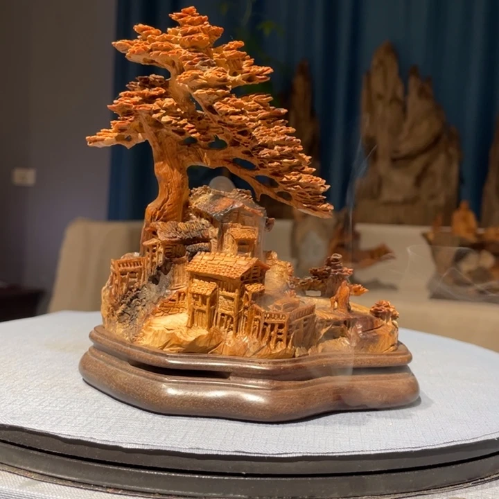 柏木（崖柏）静***行山里人家香炉摆件