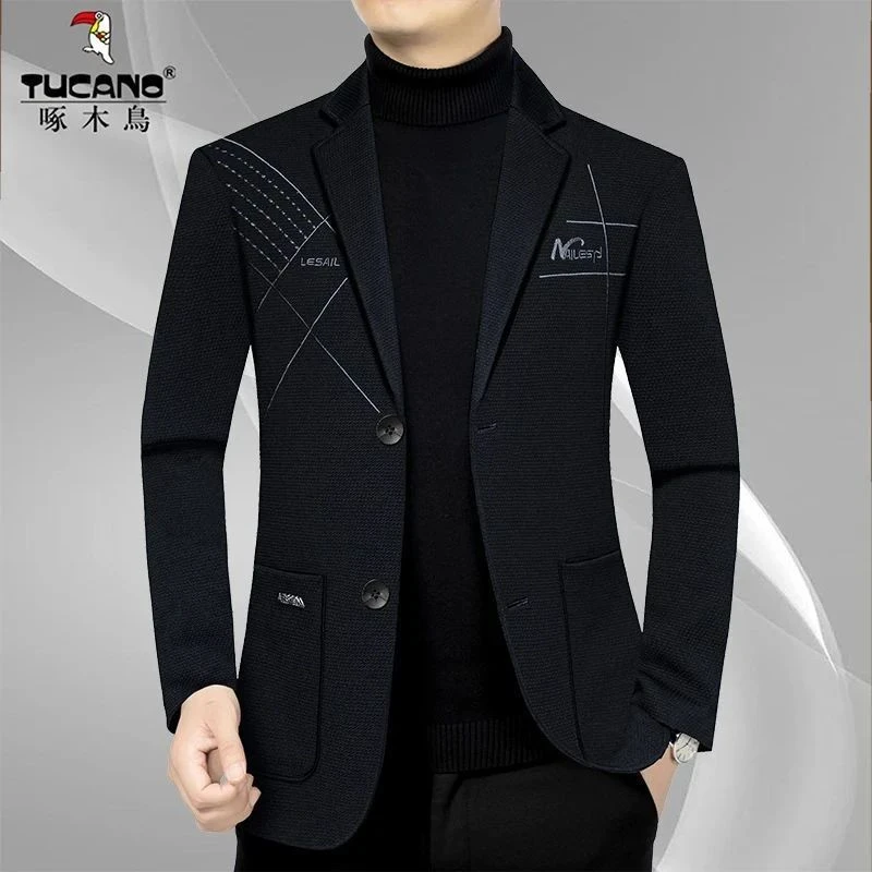 啄木鸟高档春秋新款男士西服外套商务休闲时尚修身百搭上衣单西
