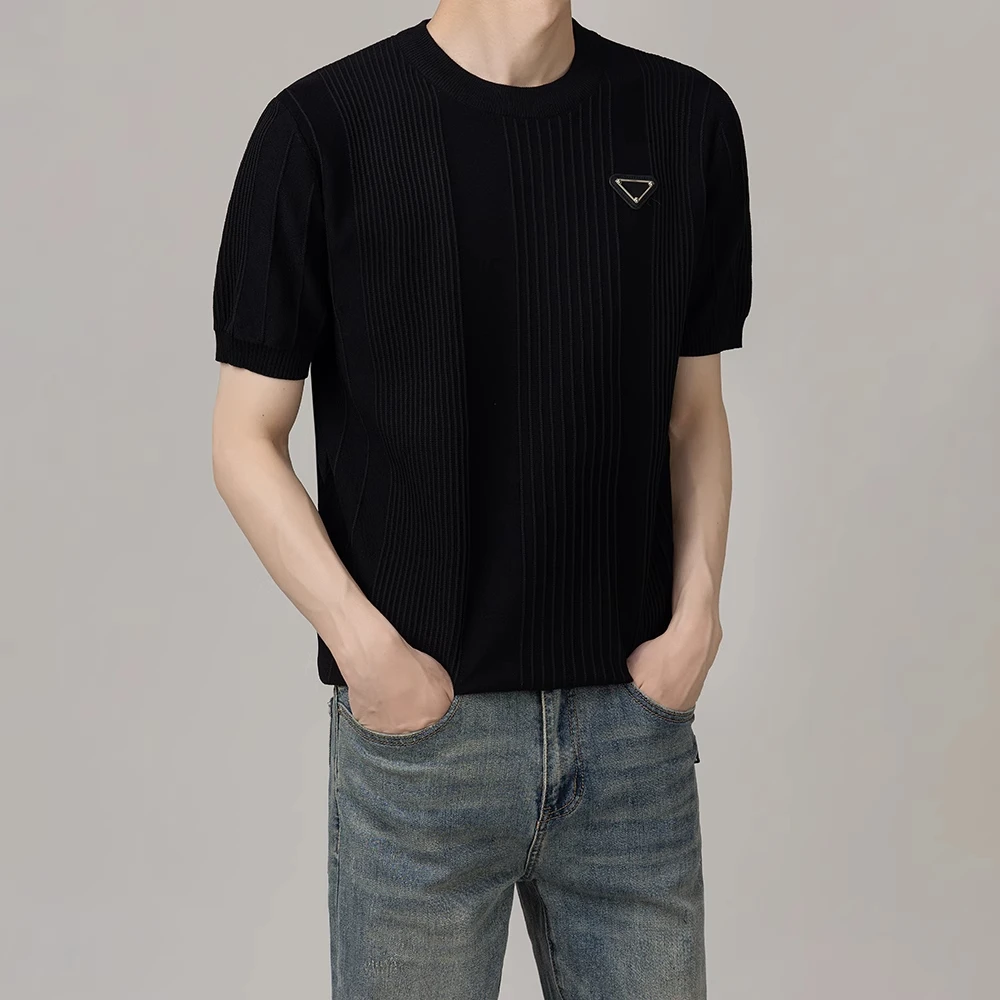RSRDDY夏季修身肌理感针织短袖t恤男韩版简约休闲透气新款圆领