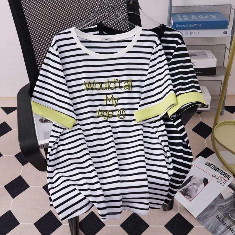 280斤特大码夏季条纹短袖T恤2025新款200斤孕妇圆领宽松显瘦上衣