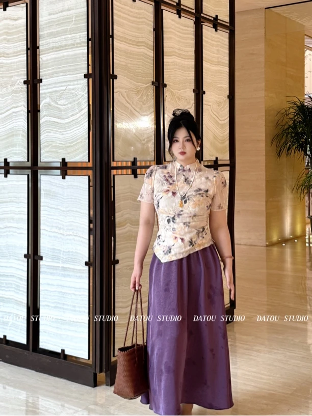 哒头.Studio【诏棠香】微胖大码气质老钱新中式显瘦旗袍领上衣套装