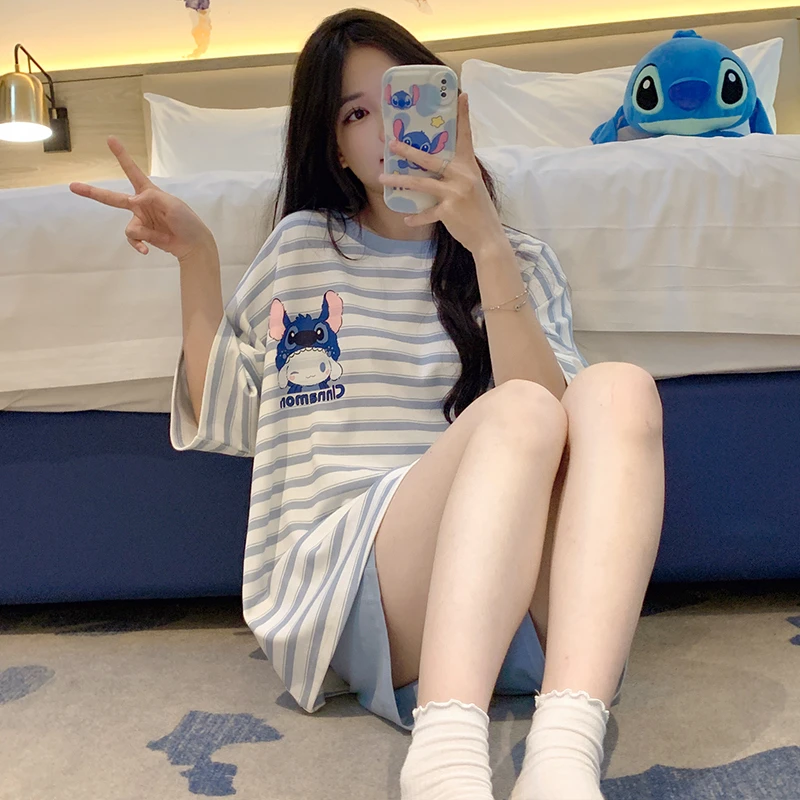 2025年夏季新款短袖短裤睡衣女时尚休闲条纹简约家居服套装60037