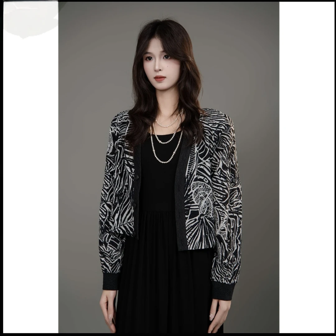 AMASS/阿玛施秋季新款印花设计感显瘦时尚休闲V领短外套女 540036