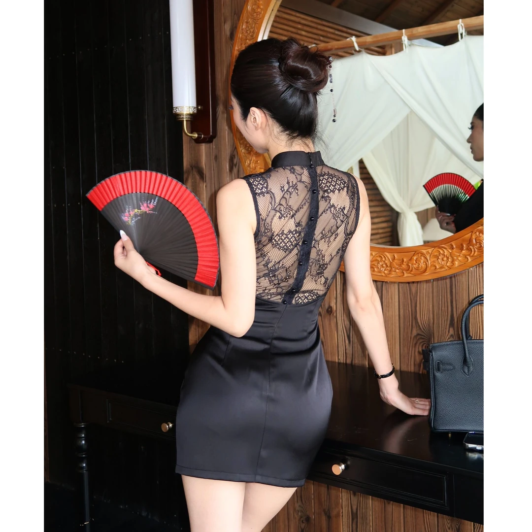 【罗哥】夏季新中式改良旗袍连衣裙拼蕾丝收腰显瘦气质裙子LL16297