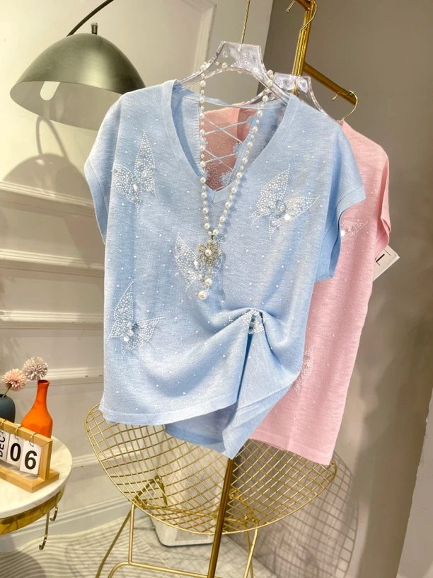 V领蝴蝶烫钻钉珠宽松冰丝透气短袖百搭松弛感上衣彩色女
