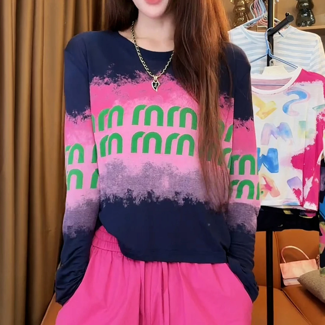 2025秋季新款撞色扎染字母印花圆领长袖百搭T恤休闲显瘦薄款上衣