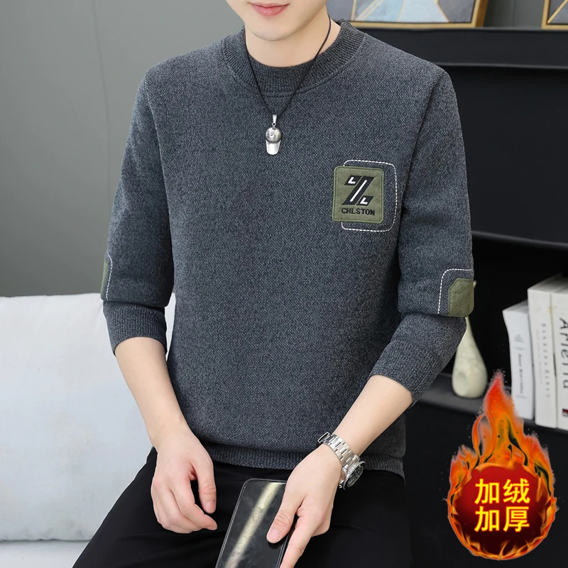 高档雪尼尔一体绒加厚针织衫毛衣男士秋冬时尚百搭打底衫男装A17