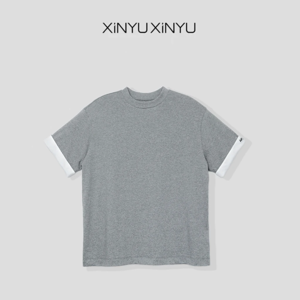 XINYU/芯与100棉定制定染撞色翻边袖口短袖T恤  203291 百搭