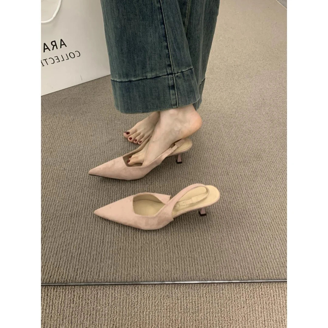 法式仙女式包头女士凉鞋，粉色尖头高跟鞋，上班族背部空心麂皮平