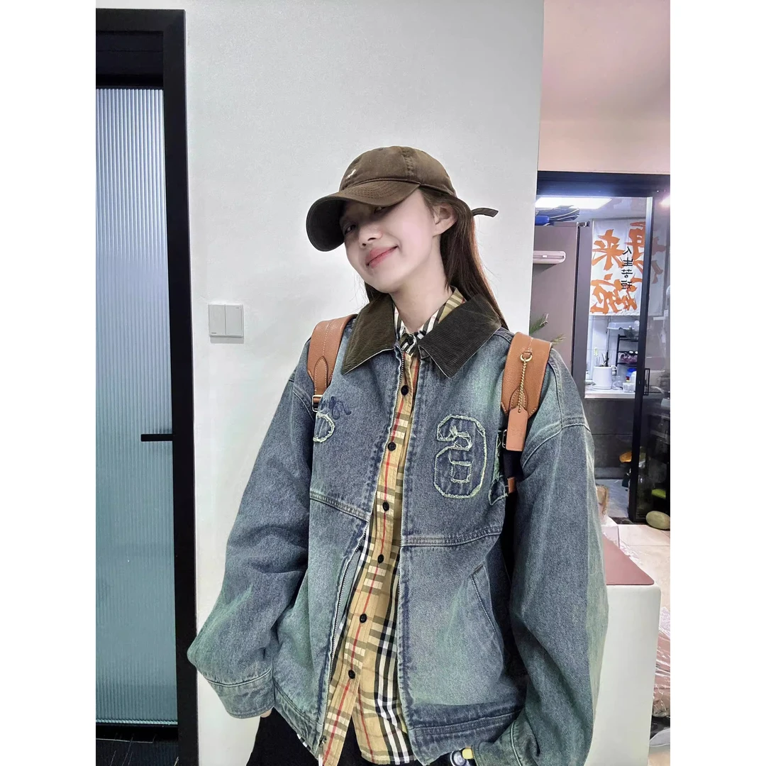 美式复古刺绣水洗做旧牛仔外套女2025春秋季新款宽松工装夹克上衣