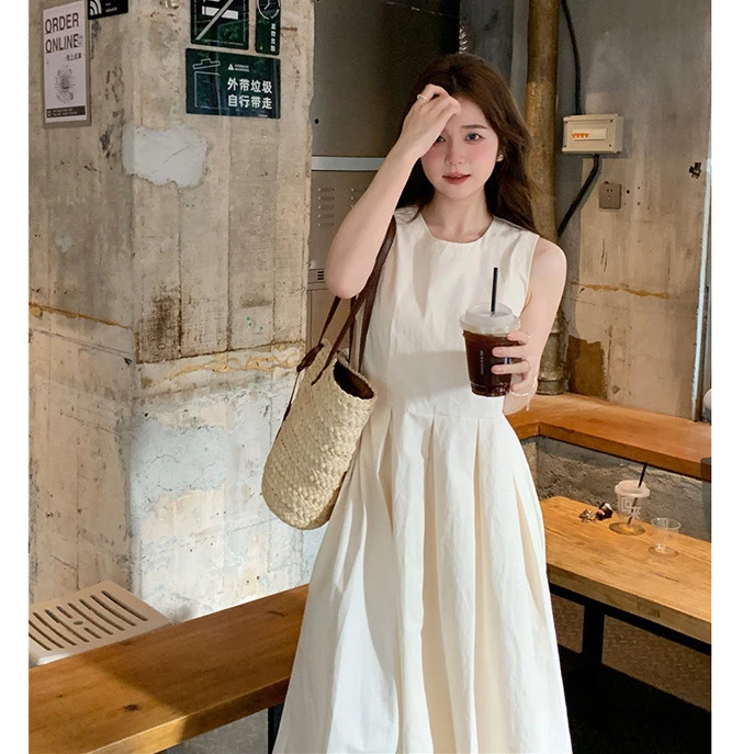 白色背心泡泡袖连衣裙新款女童女孩学生无袖半身裙纯色棉麻连衣裙