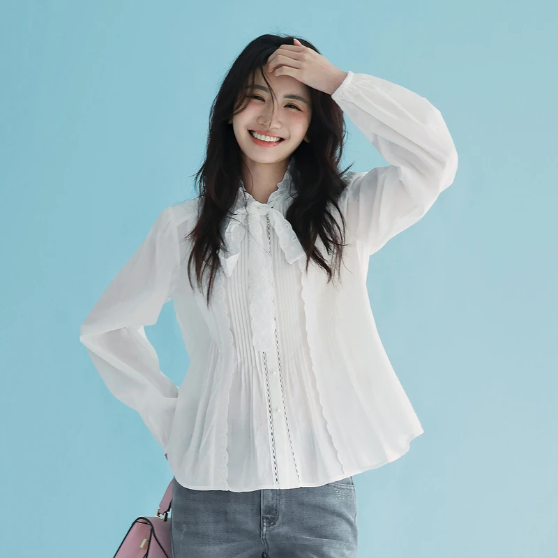 伊芙丽绣花飘带亲肤舒适飘逸衬衫女春通勤设计感小上衣1G1921331