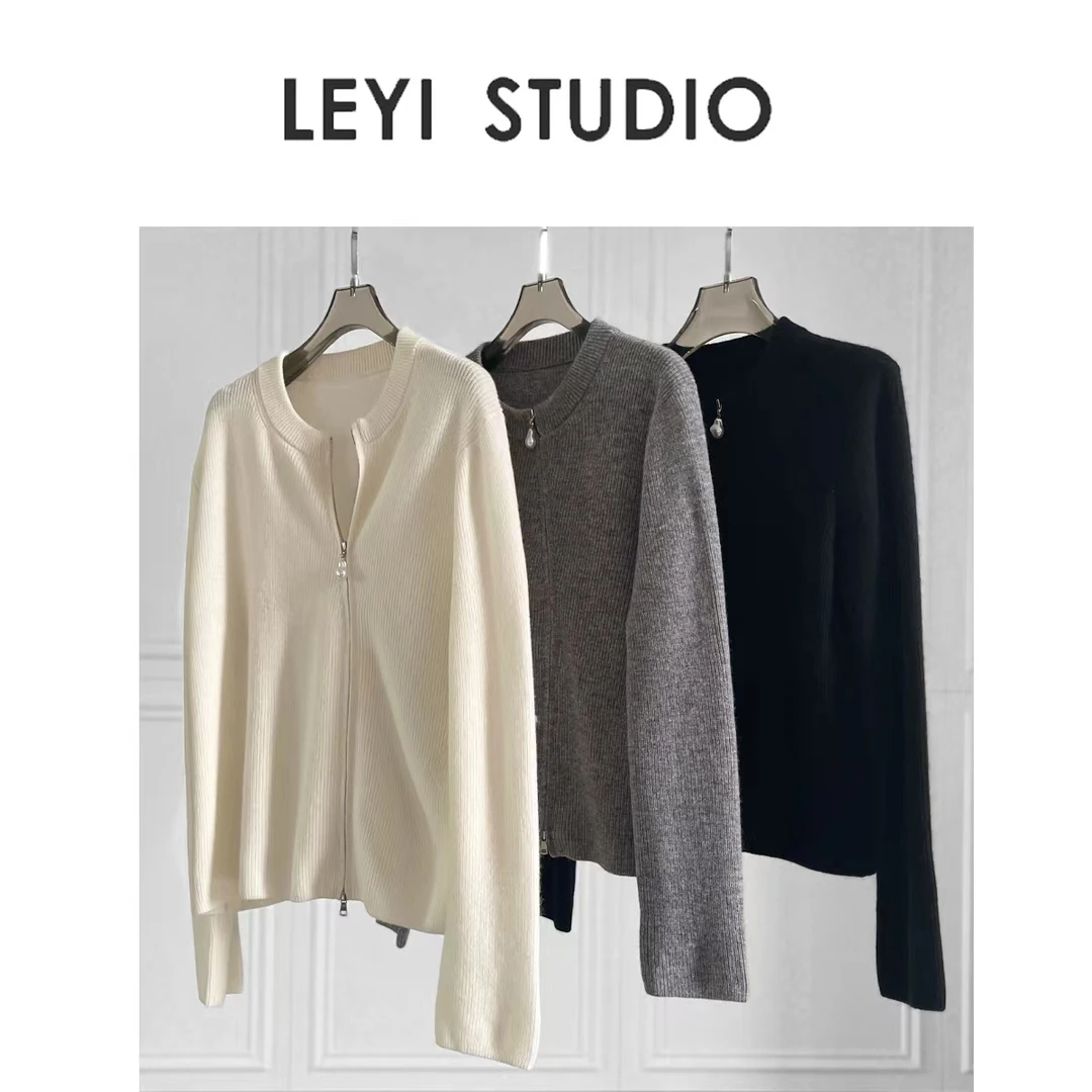 LEYI “珍珠扣“羊毛混纺纯色拉链长袖针织外套上衣秋冬-414