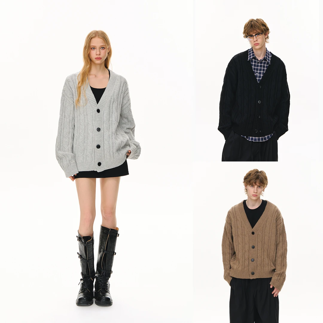 CLIMAX VISION慵懒松弛羊毛混纺复古绞花V领针织开衫毛衣男女款