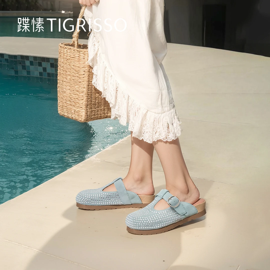 蹀愫2025年夏季新款牛皮满钻包头拖鞋满钻袋鼠勃肯鞋女TA65310-11