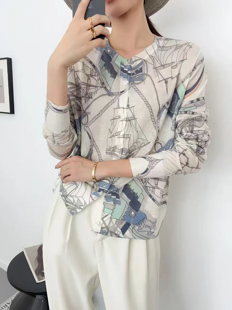 水溶3928印花长袖女针织衫百搭显瘦上衣开衫
