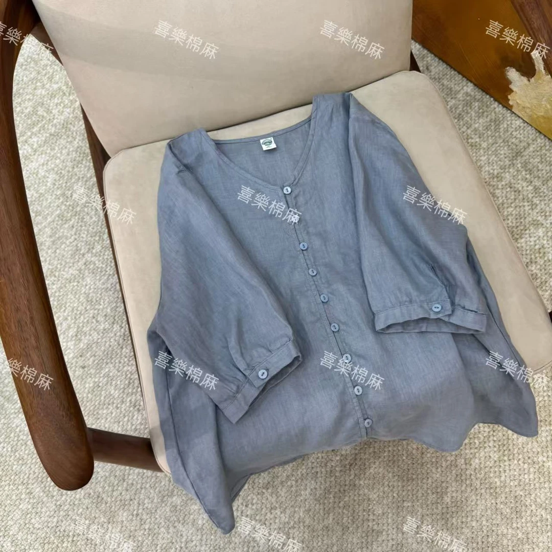 喜樂   2025亚麻小V领纯色单排扣衬衫夏季新款百搭休闲文艺简约女