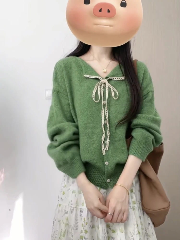 蕾丝系带毛衣开衫2025秋季新款气质韩系复古温柔慵懒上衣针织外套
