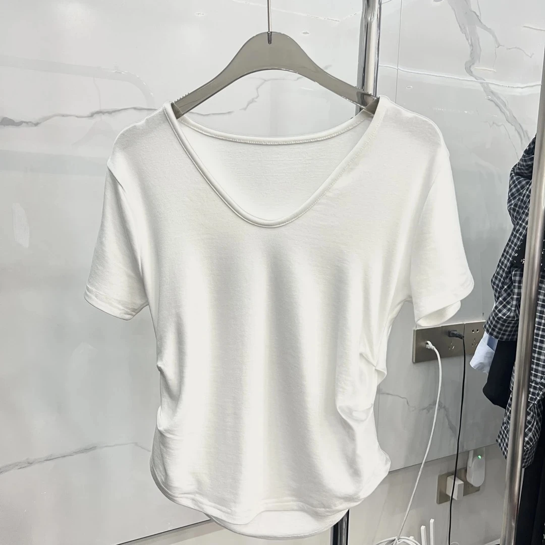 【Meng Ke]下摆不规则U领短袖侧边褶皱设计韩版打底上衣女t恤