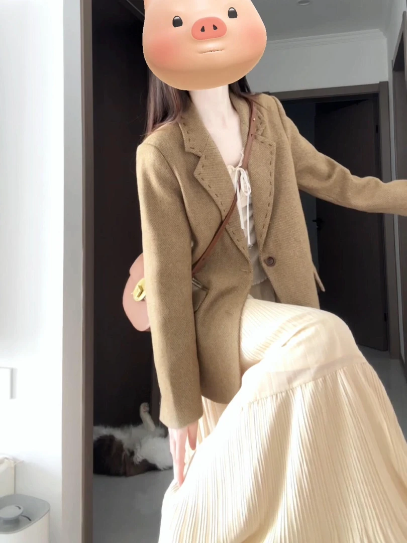 韩系设计感明线西装外套百搭显瘦压褶半身裙秋季气质长裙两件套女