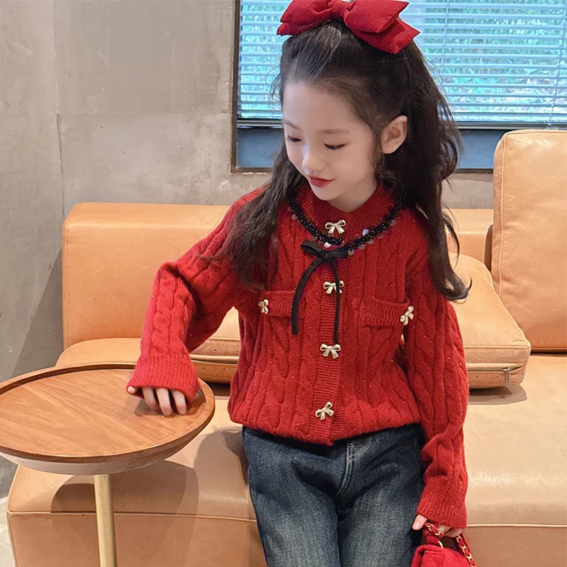 【红色小香风开衫】WWLL定制童装女宝宝开衫毛衣洋气女童毛衣洋气