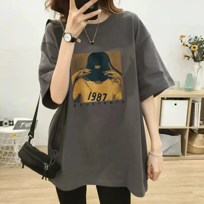 2025年夏季新款灰色宽松中长款短袖t恤女纯棉欧货大版半袖ins上衣