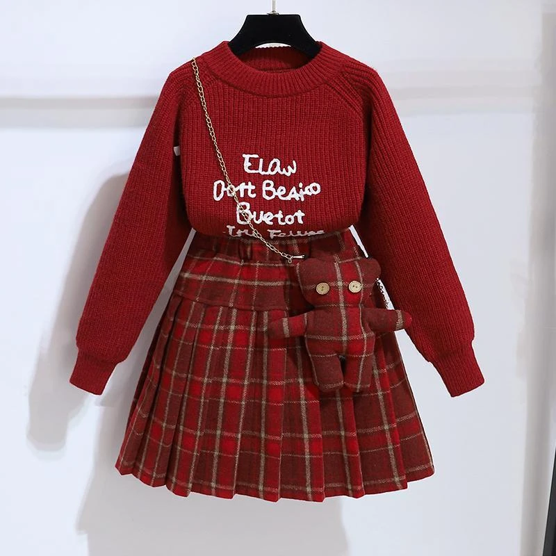 女童毛衣套装秋冬款洋气红色新年装拜年服连衣裙儿童百褶裙两件套