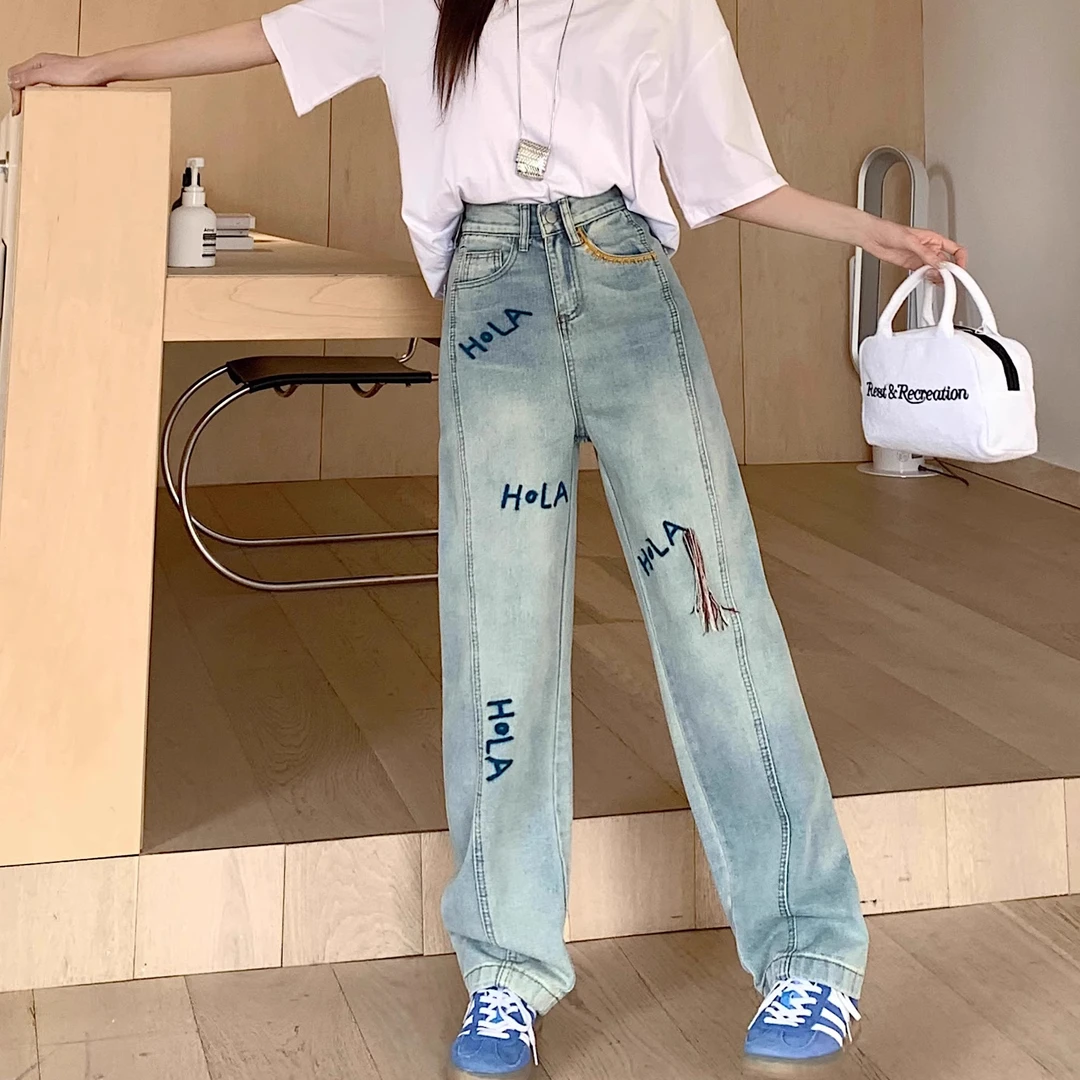浅色牛仔裤女2025年春秋大码阔腿裤刺绣字母设计显瘦宽松拖地裤子