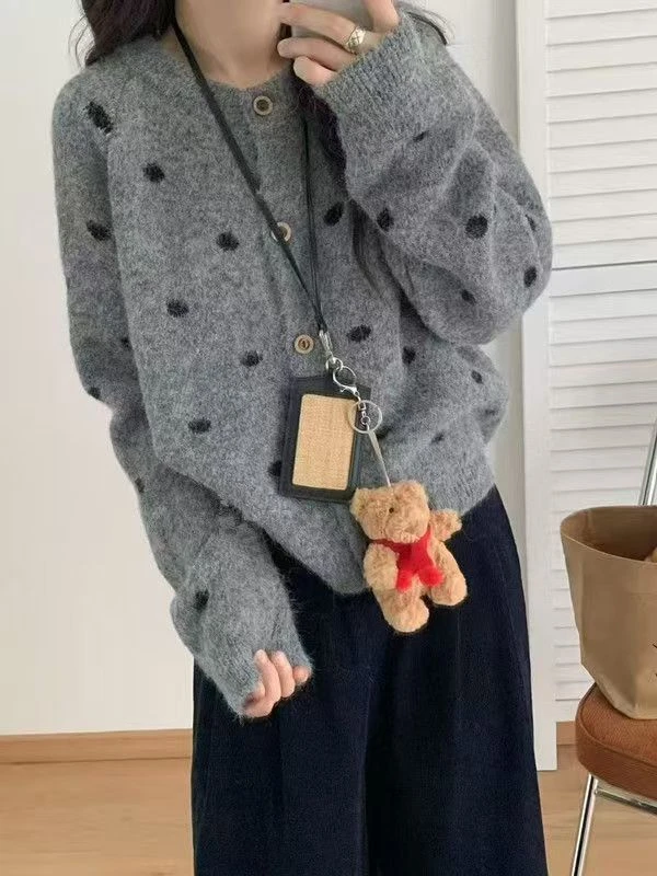 复古撞色波点韩系圆领针织开衫女2025秋冬季宽松显瘦百搭毛衣外套