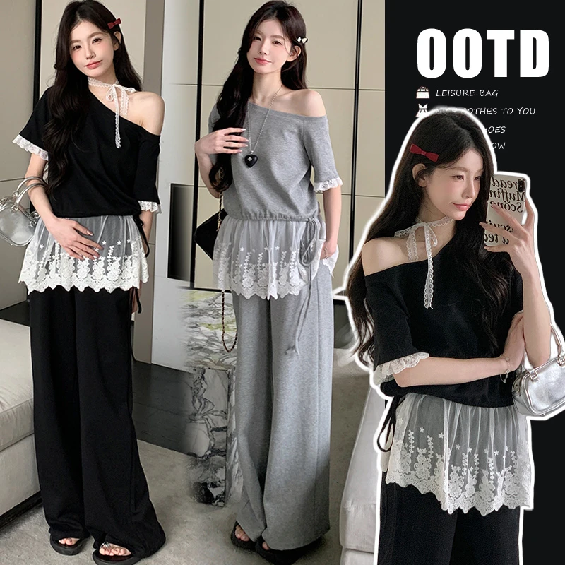 R453#3.26 2025夏季新品潮妈斜肩假两件拼接上衣+阔腿裤猪鼻扣