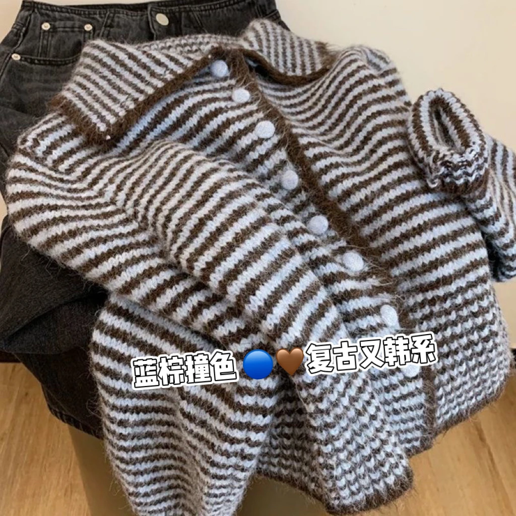 开衫翻领丹宁风针织百搭休闲毛针织衫包袖撞色条纹