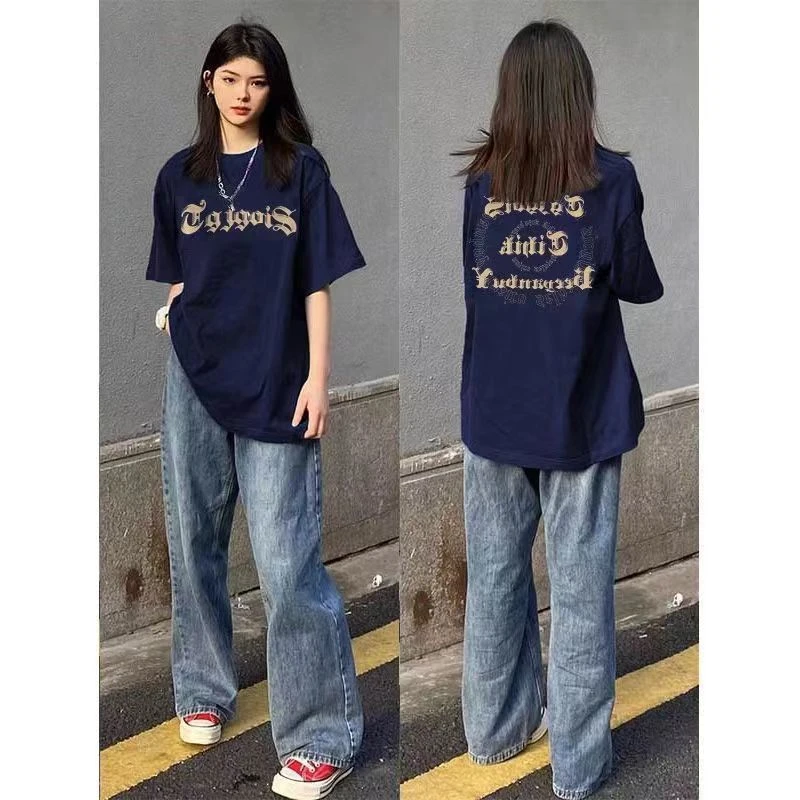 100%纯棉美式潮牌藏蓝色短袖t恤女百搭多巴胺穿搭宽松上衣ins夏季
