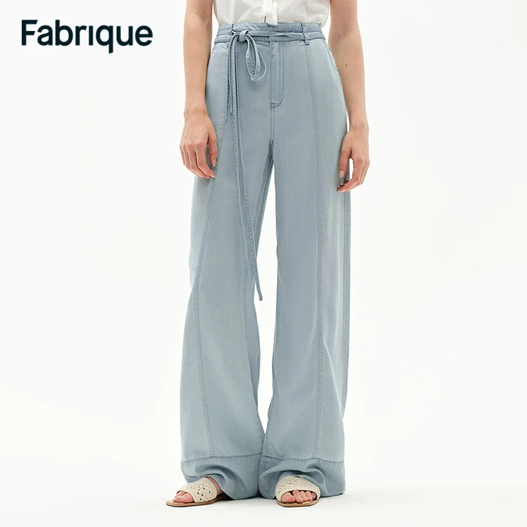 Fabrique Lucy 春夏新款水洗牛仔莱赛尔醋酸系带休闲百搭经典长裤