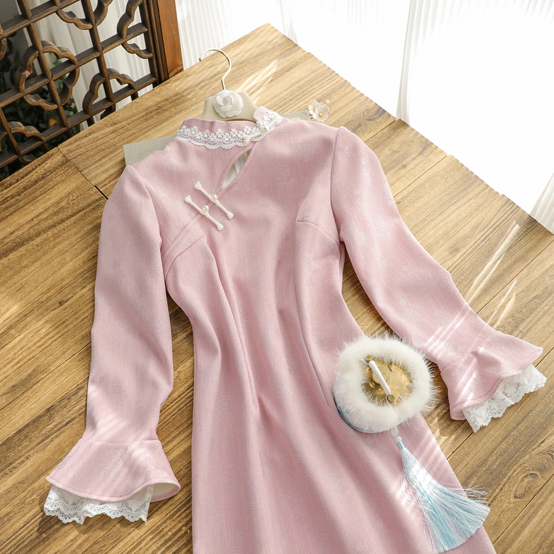 俏娘鱼粉色优雅新中式保暖加绒旗袍女2025冬季新款日常可穿年轻款
