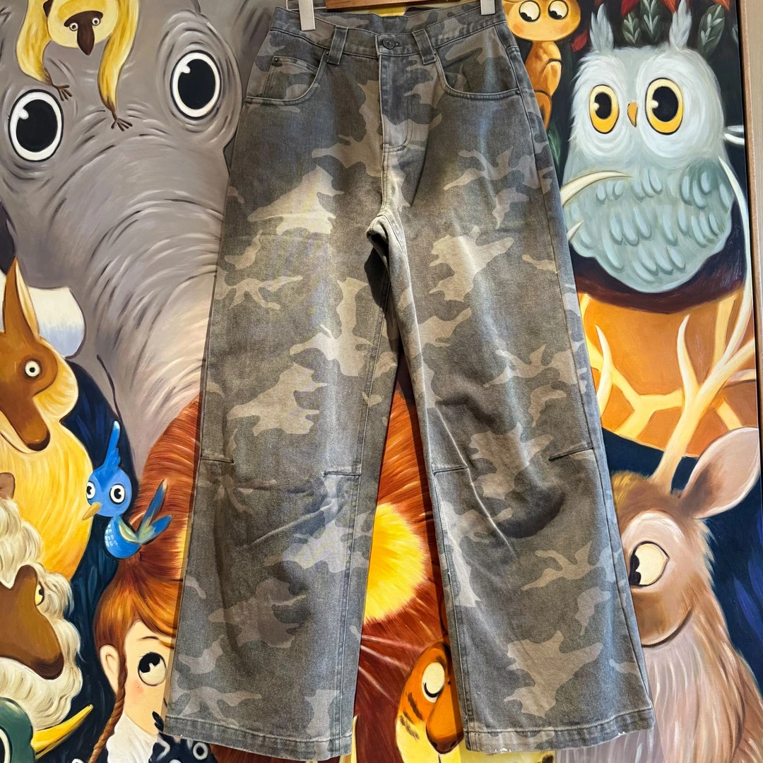 NAONE纳万极简宽松时尚高腰阔腿迷彩休闲裤迷彩裤裤子长裤B005