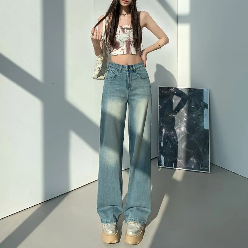 【木木夕】2025春季新款超柔美式水洗弹力卡布里蓝宽松直筒牛仔裤女