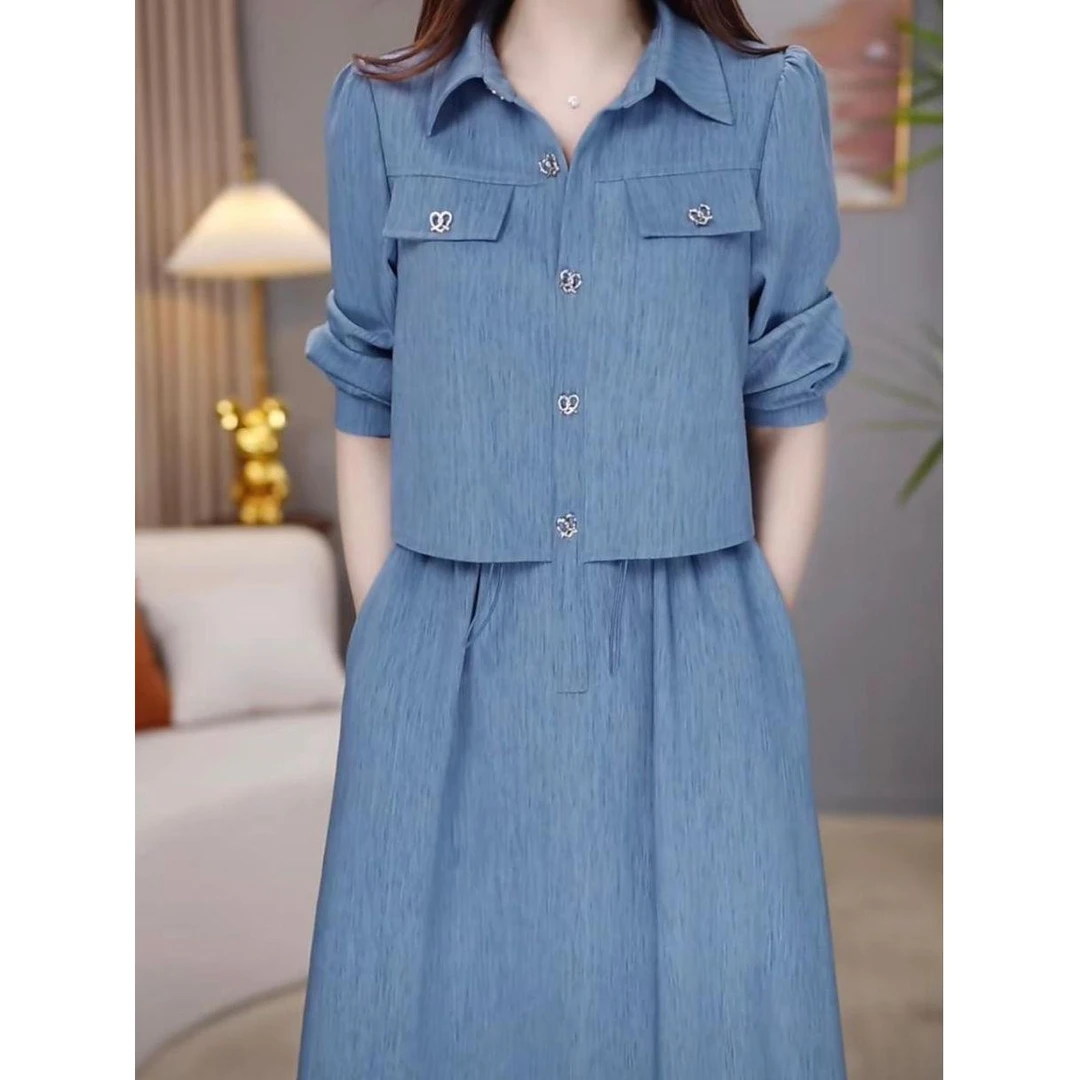 3收腰显瘦高级感时尚女装连衣裙2025春季翻领假两件宽松显瘦过膝