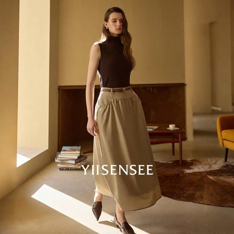YIISENSEE逸识2025夏季新款气质半身裙高级感捏褶口袋设计长裙子