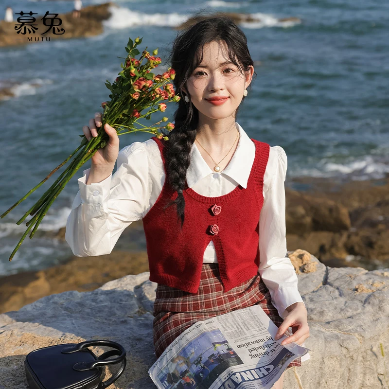 慕兔法式气质衬衫配针织马甲两件套女2024秋季新款小众设计感上衣