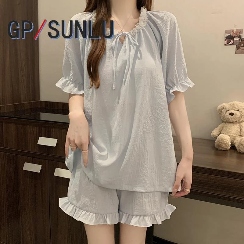 日本小众GP网红休闲风夏季棉质睡衣女带胸垫蓝色花边短袖短裤家居