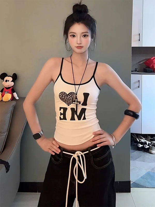 美式撞色豹纹爱心印花吊带背心女夏季外穿修身显瘦甜辣妹无袖上衣