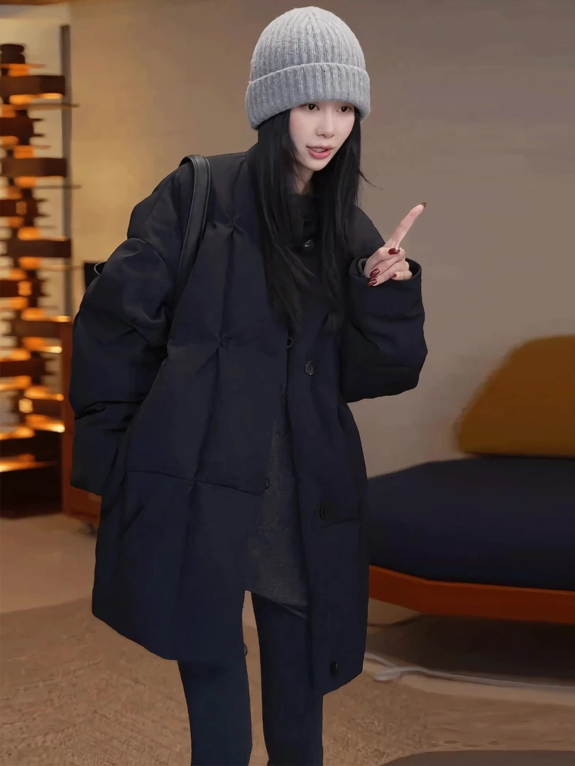黑色中长款棉服女2025冬季新款韩版时尚巨好看宽松百搭保暖外套