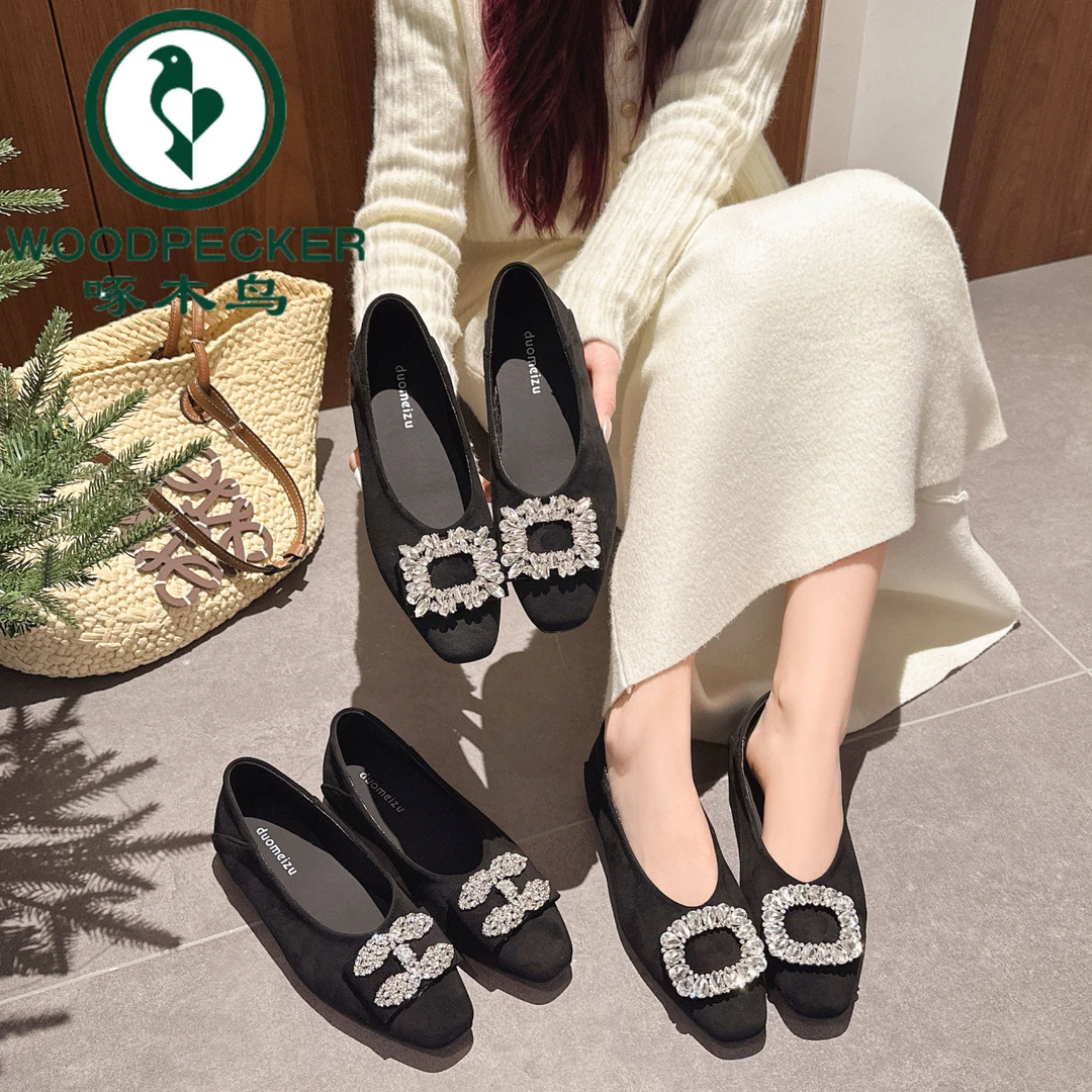 啄木鸟法式晚风水钻方扣玛丽珍鞋女一脚蹬浅口温柔方头平底单鞋女