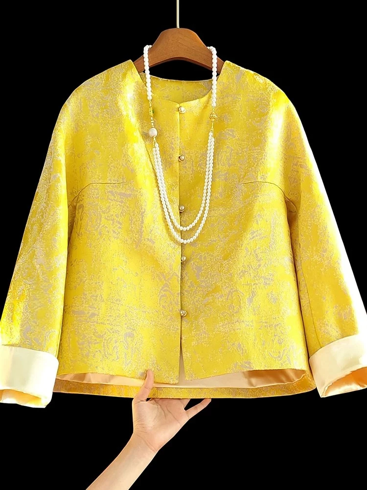 黄色新中式提花短外套女士2025春新款宽松圆领复古国风新中式上衣