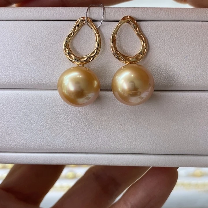 银S925镶嵌海水珍珠耳饰南洋金珠12-13m m