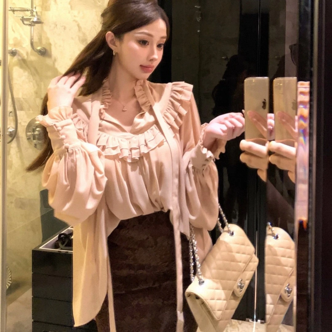 【反骨ZAl】法式名媛长袖雪纺荷叶边上衣＃03301