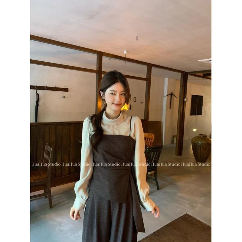 【花花】姐感天菜~韩系气质半高领简约宽松显瘦长袖衬衫+吊带两件套