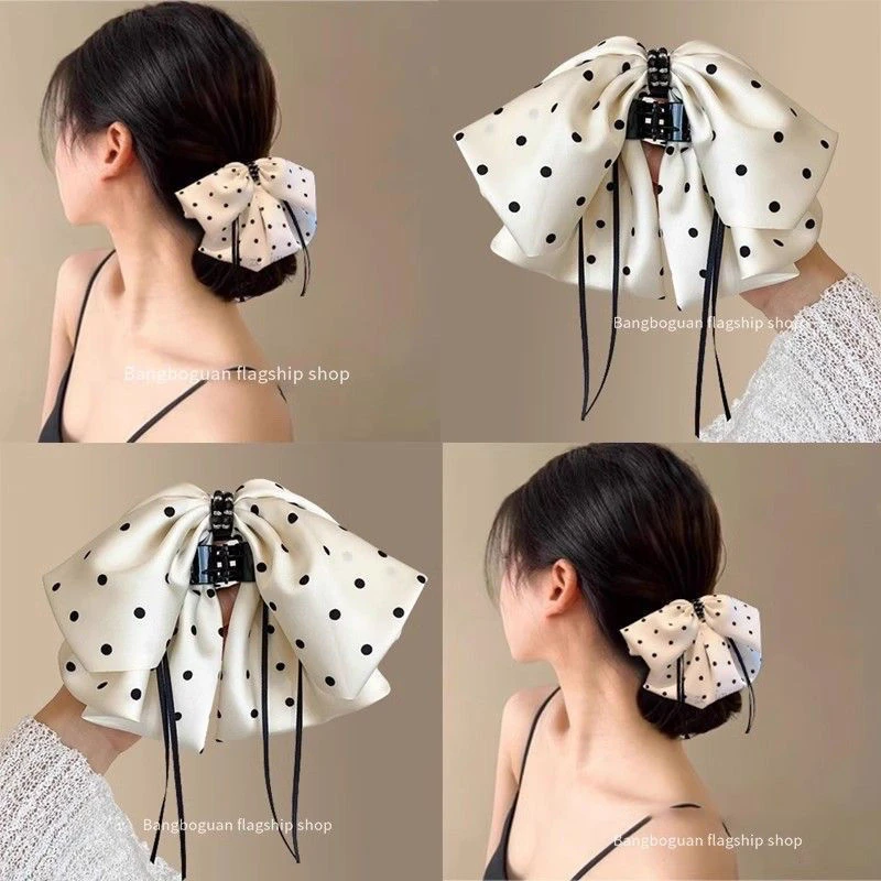 黑白时尚波点蝴蝶结高马尾夹女高级感小众闪钻后脑勺发抓发饰女LQ