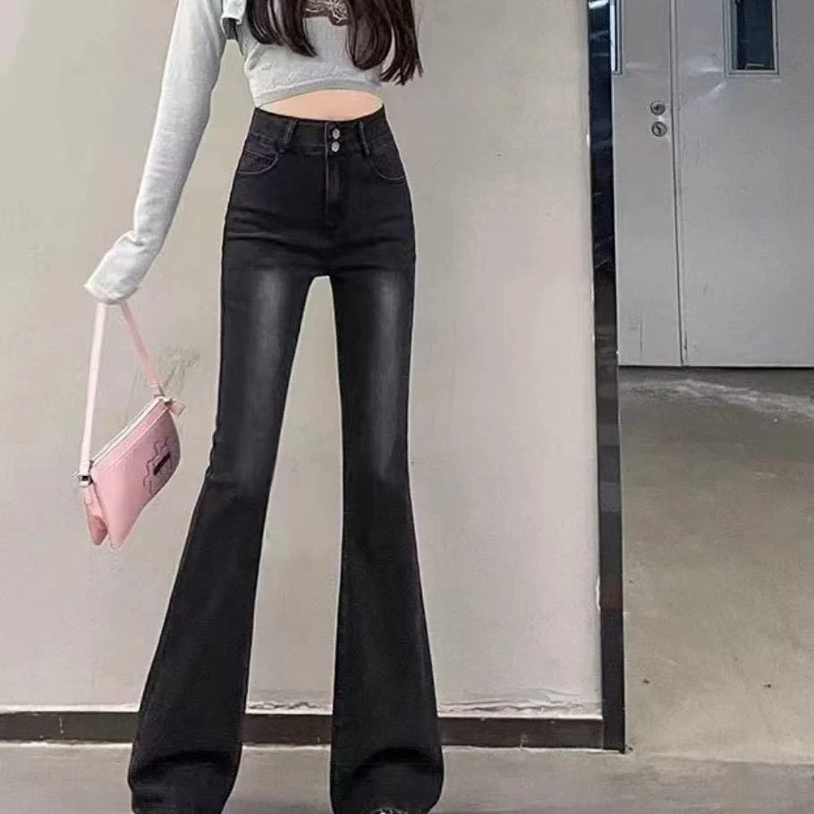 春夏喇叭裤高腰牛仔裤阔腿春秋小个子大喇叭裤黑色