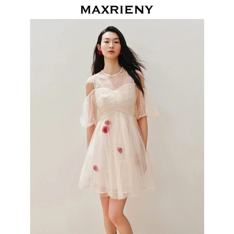 【蜜思仝】【商场同款】露肩收腰甜美立体花连衣裙25夏高级气质感